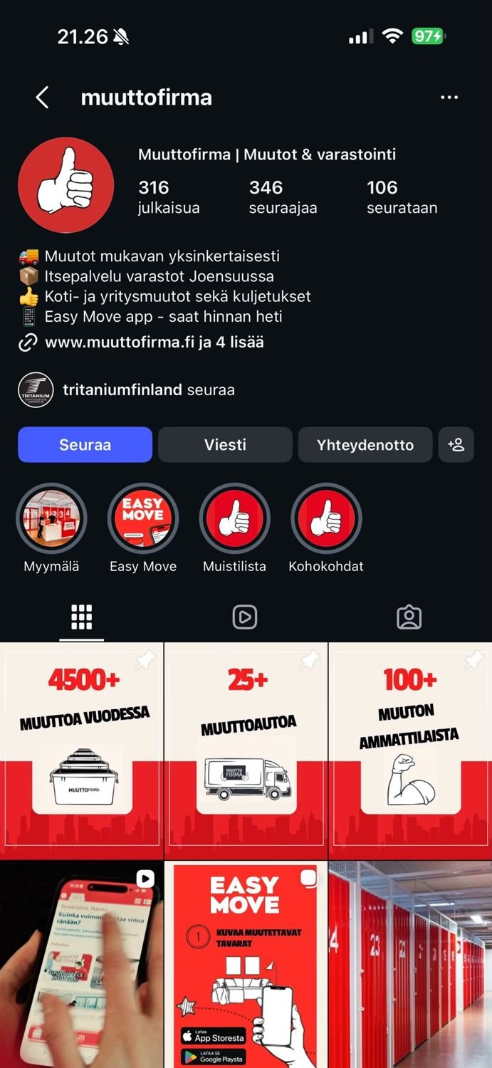 Suomen Muuttofirman Instagram-profiili ja julkaisut